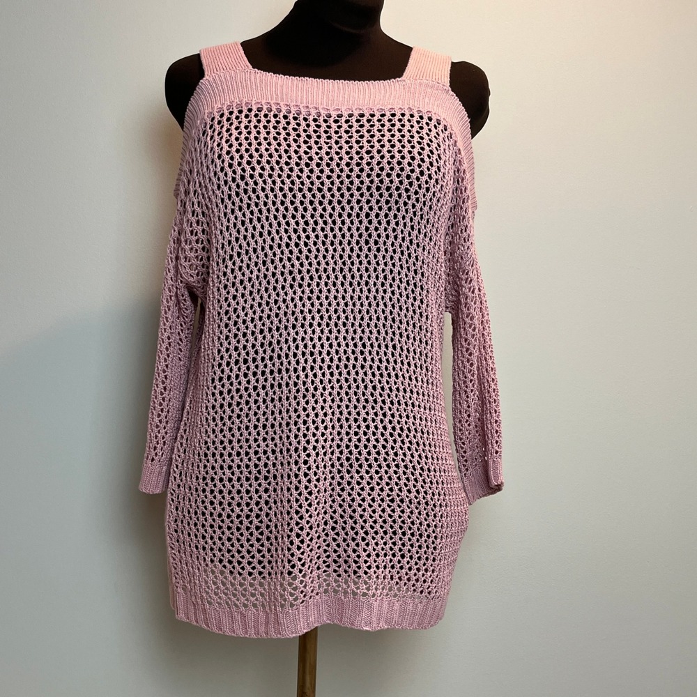 Laura Torelli Womens S Pink Open Knit Cold Shoulder Sweater Boho Beach Tunic